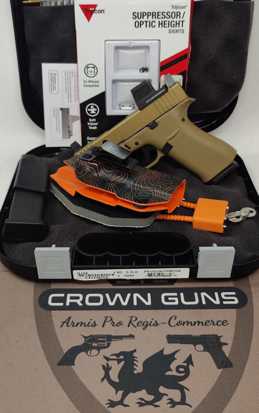 Glock 43X MOS Coyote with Holosun EPS Carry, Trijicon Sights, EXCELLENT